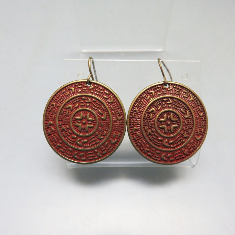 Rust Red and Gold Ethnic Pierced Earrings, Disc Earrings image 1