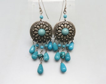 Vintage 1980 Southwestern  Faux Turquoise Pierced Earrings, Concho Earrings