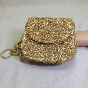 Vintage Formal Gold Satin Beaded Evening Purse, La Regale