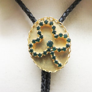 Green Rhinestone Shamrock Bolo Tie, Vintage Bolo Tie, St Patrick&#39;s Day Bolo