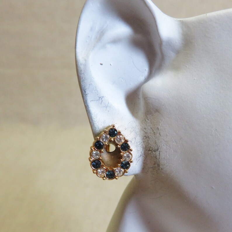 1980s Petite Clip On Earrings Dainty Vintage Clear and Blue Cubic Zirconia Clip Earrings