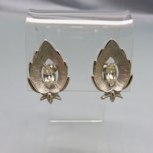 Vintage Sarah Coventry Rhinestone Clip Earrings: 1960s Silvertone Leaf