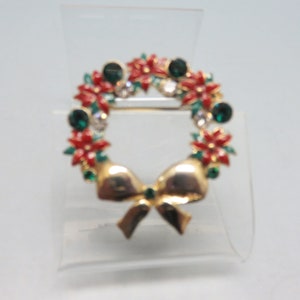 Vintage 1980s Rhinestone Christmas Wreath Brooch or Pin, Poinsettia Flowers