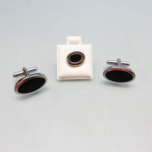 Vintage Black Glass Cuff Links and Tie Tack Set, Silver and Black, Traditional