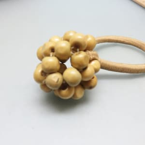 Vintage Wooden Bead Ponytail Holder, Beige Elastic Hair Tie