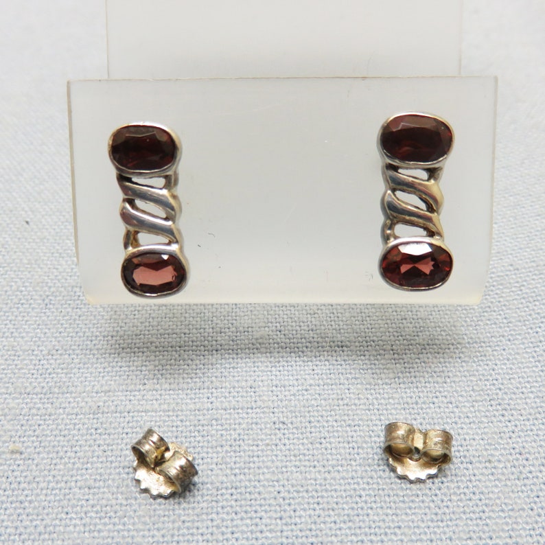 Double Garnet Pierced Earrings Sterling Silver Earrings Modern Design