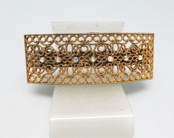 Vintage Barrette, Antiqued Gold Filigree Metal Barrette, Rhinestone Barrette