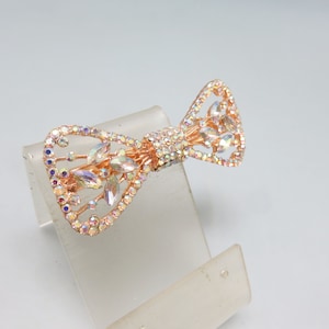 Vintage Rhinestone Bow Hair Clip, Clear and Aurora Borealis Rhinestones on Rose Gold