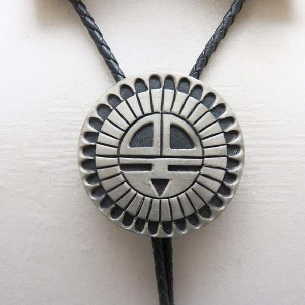 1980s Pewter Metal Native American Sun Face Bolo Tie