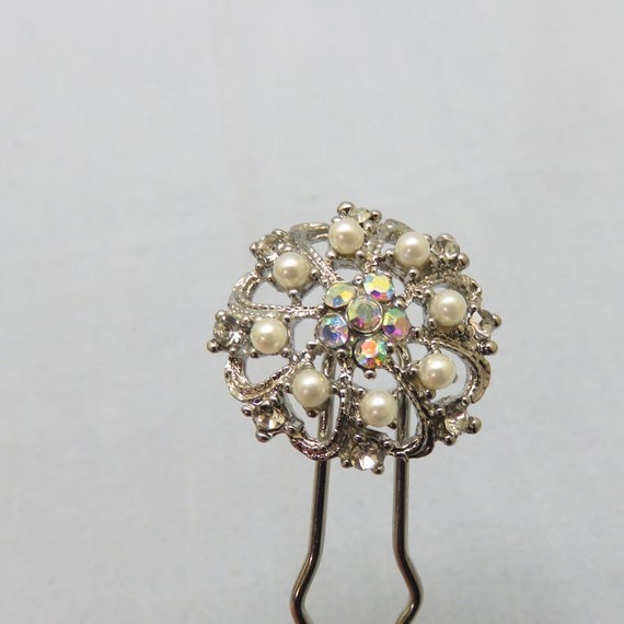 Silver Flower, Faux Pearl and Rhinestones Hair Pi… - image 2