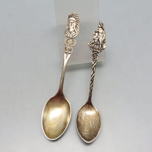 May include: Two silver teaspoons with Native American head designs on the handles. One spoon has a braided handle and the other has a smooth handle.