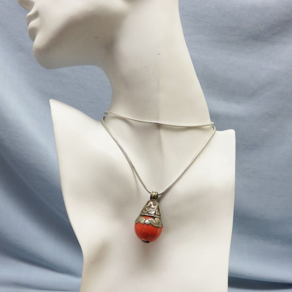 Sterling Setting, Faux Coral Pendant Necklace, Vi… - image 8