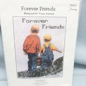 May include: A cross-stitch pattern titled "Forever Friends" designed by Diane Forrest. The image depicts two children holding hands, with one wearing overalls and the other a red shirt. The text "Forever Friends" is displayed at the top.
