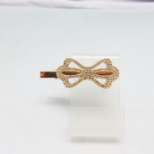 Vintage Petite Rhinestone Hair Bow, Clear Rhinestones on Gold Hair Clip