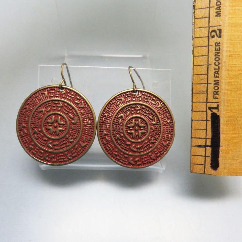 Rust Red and Gold Ethnic Pierced Earrings, Disc Earrings image 2