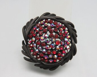 Big Bold and Beautiful Vintage Red Jeweled Black Brooch, Gothic, Steampunk