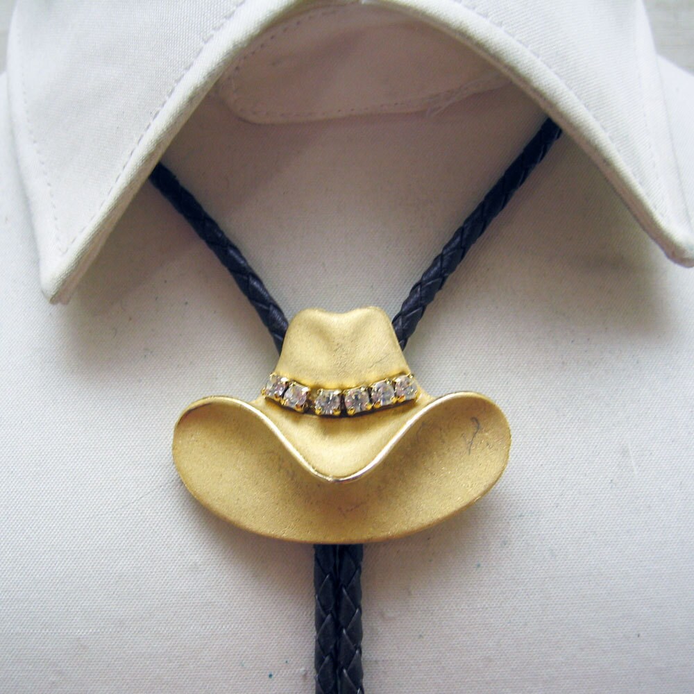 Cowboy Hat Bolo Tie Rhinestone Golden 