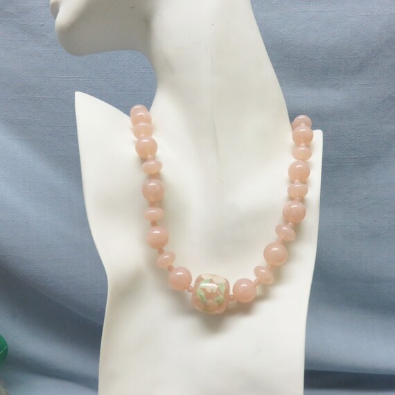 Rose Quartz Colored Plastic Bead Necklace, Orient… - image 6