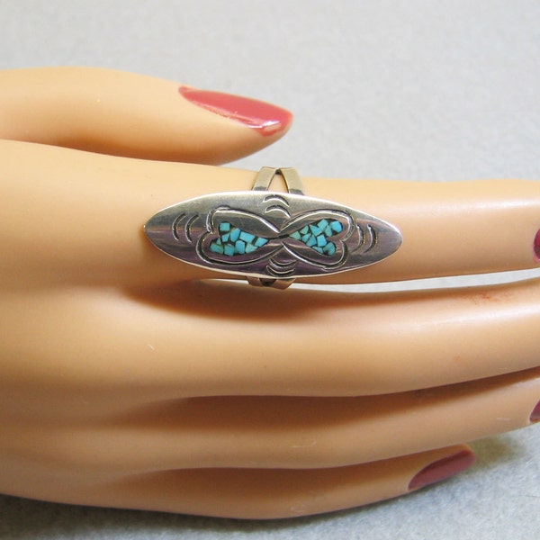 J. Nezzie Sterling Silver and Inlaid Turquoise Native American Ring Size 6.25