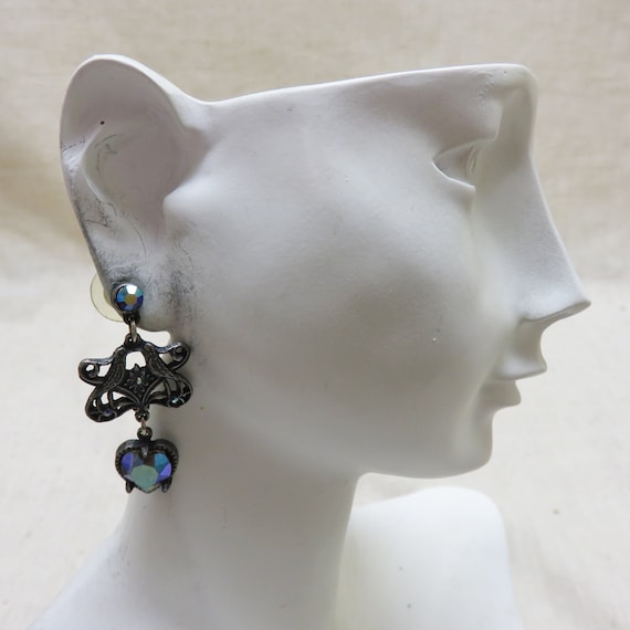 1980s Colorful Rhinestone Silver Metal Dangle Pie… - image 4