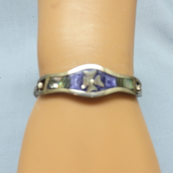 Abalone Alpaca Hinged Bangle Bracelet, Purple  En… - image 1