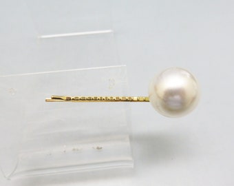 Vintage Large, Single White Pearl Hair or Bobby Pin , Goldtone Metal, Wedding Hair Pin