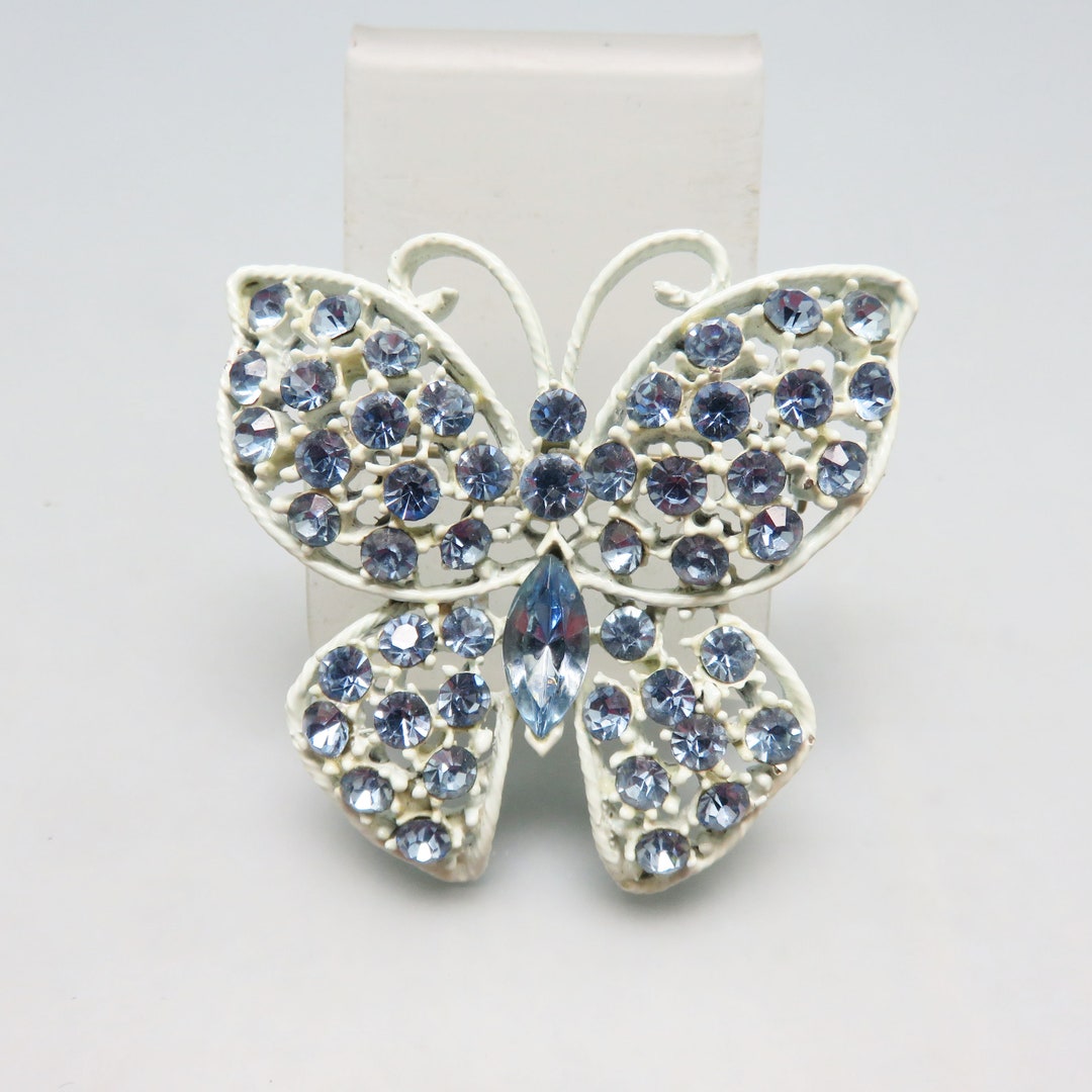 Large 1960s Blue Rhinestone Butterfly Pin, Blue Japaned