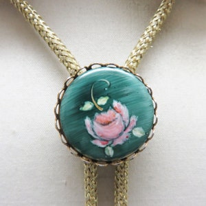 Feminine Enameled Rose Flower Bolo Tie, Handmade,  Handmade with Vintage Pieces