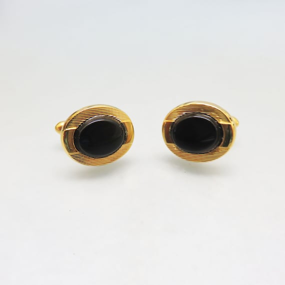 Paire De Boutons De Manchette Vintage En Laiton Doré Strié - Occasion En Bon État