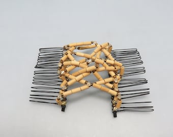 Vintage Double Light Wood Beaded Hair Combs, Attached to Each Other