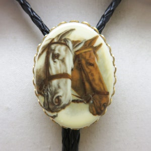 Vintage Horse Portraits Bolo Tie, Gray and Chestnut Horse Bolo Tie