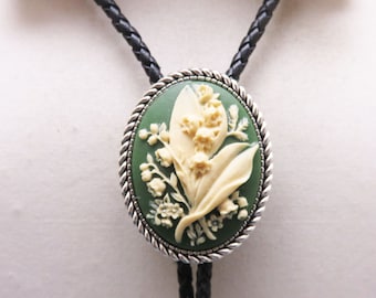 Vintage Resin Floral Cameo Bolo Tie,  Handmade, Green and Beige Lily of the Valley Cameo
