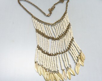 Fabulous BOHO Golden Metal and White Bead Fringe Necklace, Vintage, Chico's ?