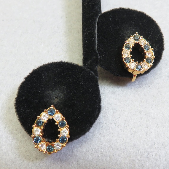 1980s Petite Clip On Earrings Dainty Vintage Clear and Blue Cubic Zirconia Clip Earrings