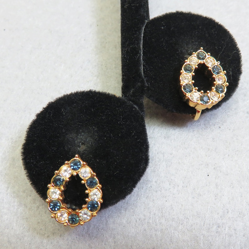 1980s Petite Clip On Earrings Dainty Vintage Clear and Blue Cubic Zirconia Clip Earrings