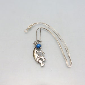 Vintage Sterling Silver Kokopelli  Pendant Necklace, 18 Inch Sterling Chain, Denim Lapis Bead Accent, Signed