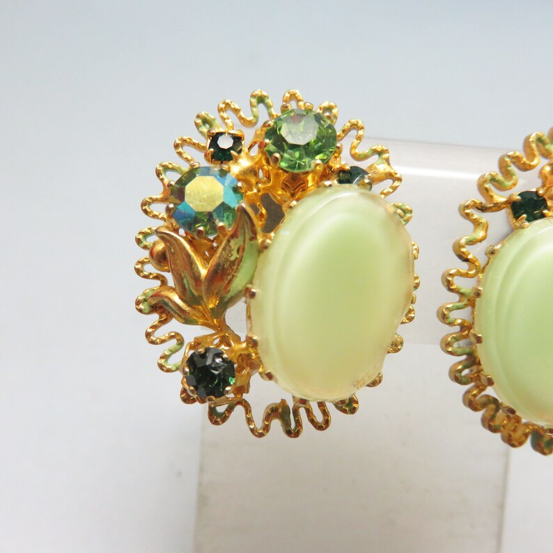 1960s Spring Green Glass Clip On Earrings, Peridot Green Rhinestone Accents image 3