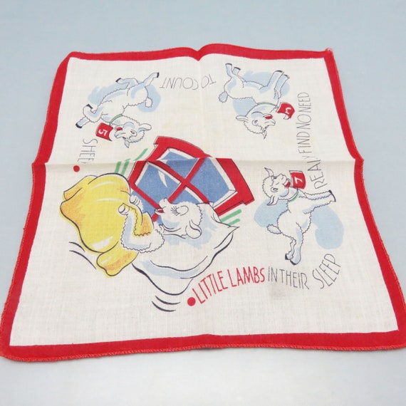 Vintage Childs Handkerchief, 1950s Lambs Counting 