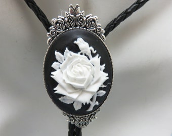 Vintage White Rose Cameo Bolo Tie,  Handmade, Black and White Bolo