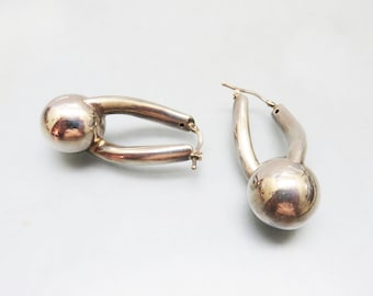 Vintage Sterling Silver Hollow Ball Hoop Earrings | Latch Back Pierced Earrings | Modernist Statement Hoops | Minimalist Sterling Jewelry