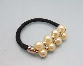 Vintage  Rhinestone and Faux Pearl  Ponytail Holder, Black Elastic Band