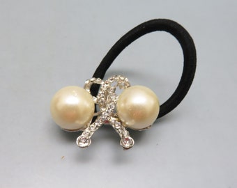 Vintage  Rhinestone and Faux Pearl  Ponytail Holder, Black Elastic Band