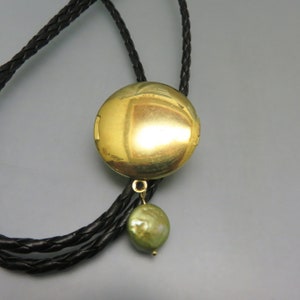 Hand Made Golden Locket Bolo Tie, Pearl Dangle