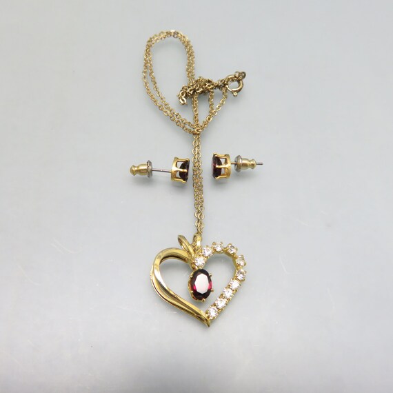 Garnet Pendant Necklace Earring Set , 10K Gold Pl… - image 1