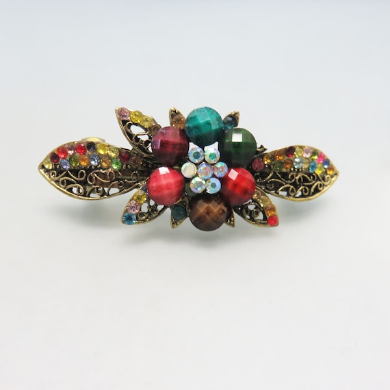 Vintage Dark Jewel Tone Rhinestone Hair Barrette,… - image 2