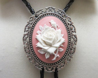 Vintage White Rose Cameo Bolo Tie,  Handmade, White Rose, Pink Background Bolo