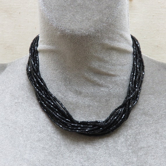 Black Glass Tiny Rectangle Bead Collar Necklace, … - image 1