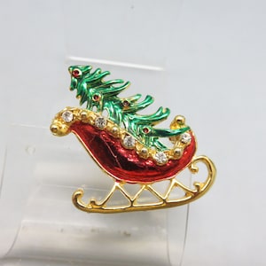 1960s, Red Sleigh Holiday or  Christmas Brooch, Bringing Home the Christmas Tree