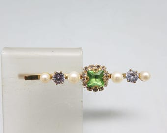 Big Peridot Green Rhinestone and Faux Pearls Bobby or Hair Pin, Vintage