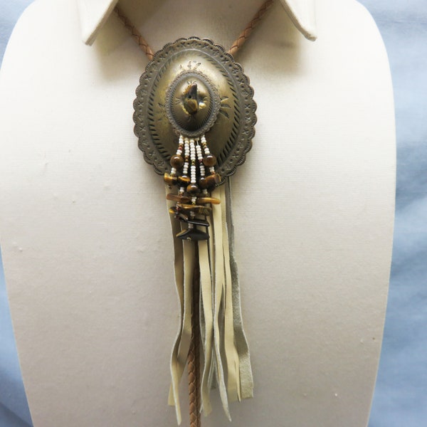 Detailed Vintage Aged Brass Metal Concho Bolo Tie